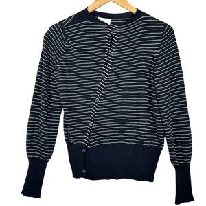 MJ. WATSON 100% Cashmere Fine Knit Striped Asymmetric Button Down Cardigan